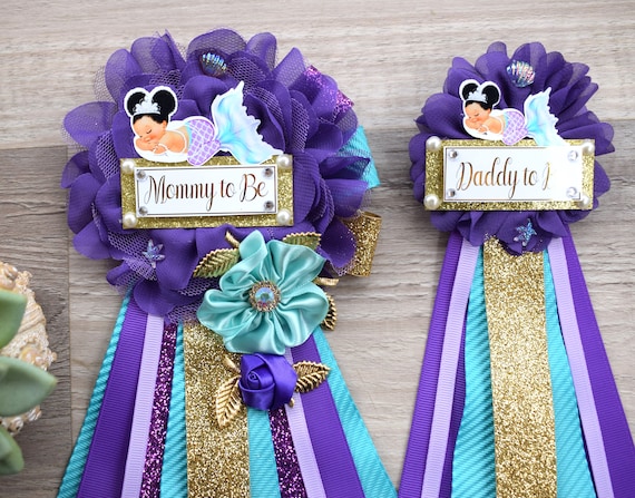 Mermaid Baby Shower, Purple Lavender Turquoise, Mermaid Mommy To Be Ribbon, Mermaid Daddy To Be Pin, Custom