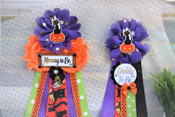 Halloween Baby Shower, Cat Orange Green, Purple, Black Maternity Pins, Halloween Corsage Pins, Mommy To Be and Daddy To Be Pins, Halloween