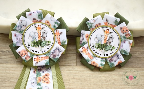 Safari Baby Shower, Jungle Safari Animal Mommy To Be Ribbon Pin, Animal Daddy To Be Badge Pin, Safari Maternity Sash