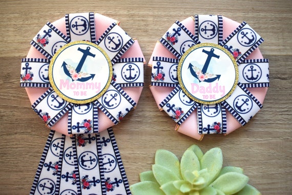 Girl Pink Nautical Anchor Baby Shower, Boat Mommy To Be Ribbon Pin, It's a Boy, Ahoy Nautical Daddy To Be Pin, Parent's To Be Pins