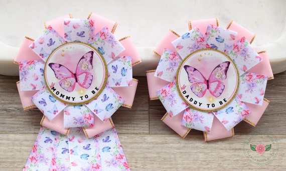 Butterfly Baby Shower, Butterfly Mommy To Be Ribbon Pin, Butterfly Daddy To Be Pin, Pink Lavender Gold Butterfly Big Sister, Big Brother