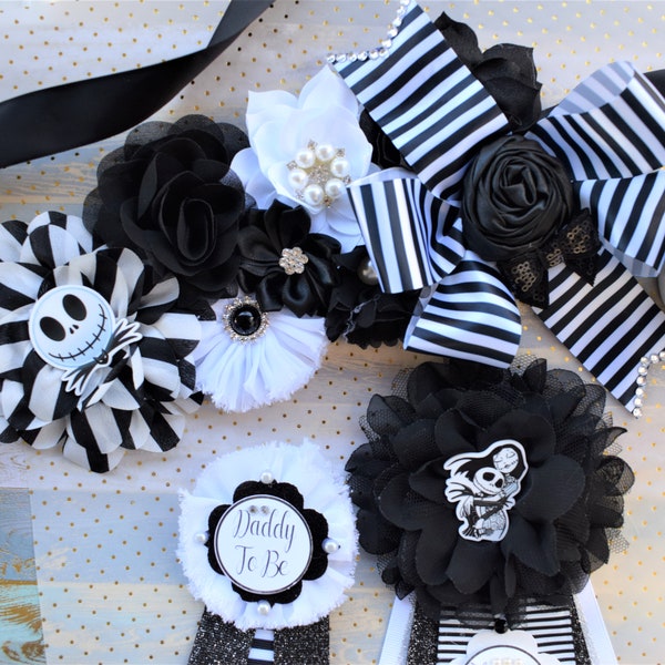 Halloween Baby Shower, Halloween Baby Shower, White Black Flower Sash, Jack Maternity Sash,  Mommy To Be Pin, Daddy To Be Pin