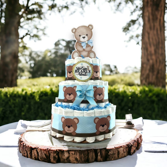 Boy Bear Diaper Cake Baby Shower, Blue Teddy Bear 3 Tier Diaper Cake Centerpieces Decorations, We Can Bearly Wait, Baby Shower Decor - S0011