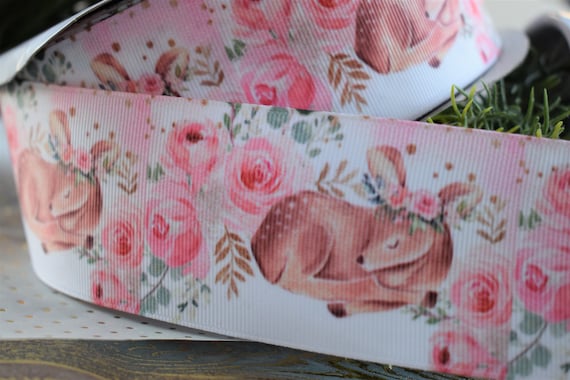Pink Deer Baby Shower Ribbon, Girl Baby Deer Ribbon, Pink Grey Deer Ribbon, Deer Printed Grosgrain, Deer Baby Shower, 2" (50mm)