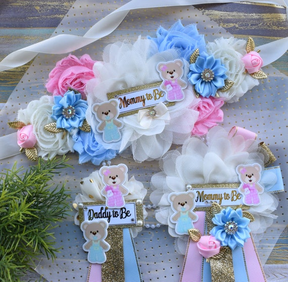 Bear Gender Reveal Baby Shower, Teddy Bear Pink Blue Maternity Sash, Reveal Flower Sash, Gender Reveal Belly Sash, Gender Reveal Baby Shower