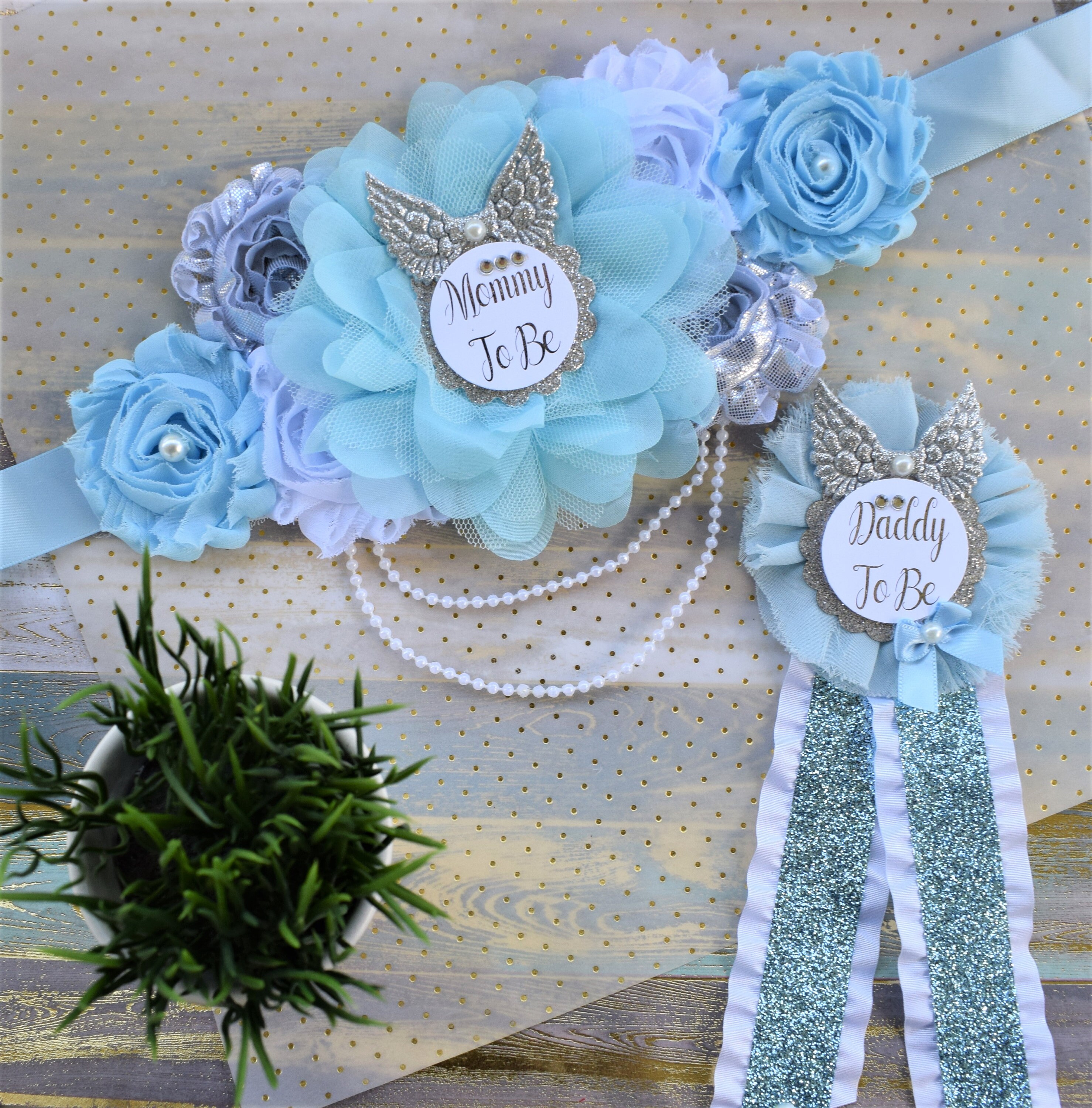 Boy Heaven Sent Baby Shower Blue Silver Flower Sash Blue Etsy