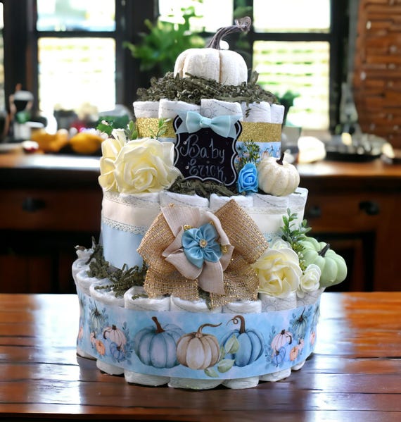 3 Tier Boy Pumpkin Diaper Cake Baby Shower, Blue Pumpkin Baby Shower Centerpieces Decorations, Neutral Shower Party Decor, New Mom Gifts