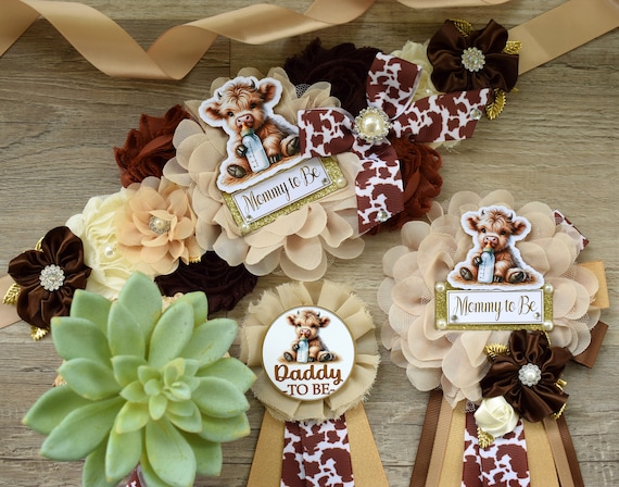 Highland Cow Baby Shower, Rustic Tan Brown Cowboy Maternity Sash, Gender Reveal Highland Mommy To Be, Daddy To Be Pin, Cow Corsage Pin