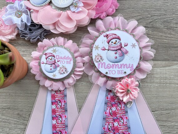 Girl Snowman Baby Shower Pins, Christmas Maternity Sash, Mommy To Be Pin, Snowman Daddy To Be Pin, Baby Shower Gift, Custom Order Welcome