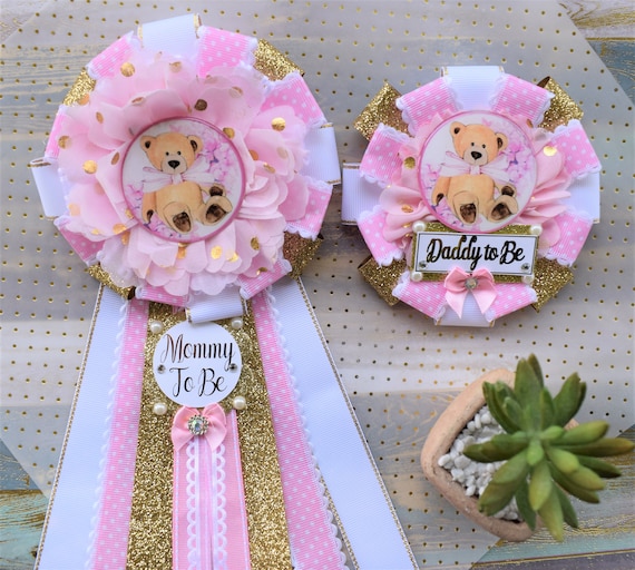 Baby Shower Corsage 3-Set Pink Ribbons & a Bear Handmade 