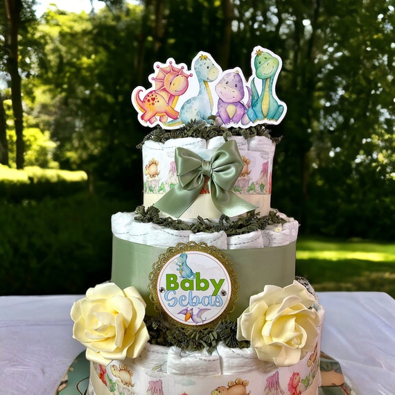 Dinosaur Diaper Cake Baby Shower, 3 Tier Diaper Cake Centerpieces Decor, Neutral Dinosaur Party, Room Nursery Decor, New Mom Gifts - S00014