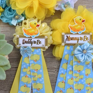 Boy Rubber Duck Baby Shower, Duck Maternity Sash, Yellow Blue Rubber Mommy To Be Ribbon, Duck Daddy To Be Pin, Custom