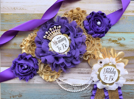 Purple Gold Princess Flower Sash, Purple Gold Maternity Sash, Purple Gold Pregnant Sash, Mommy and Daddy To Be, Purple Gold Baby Shower