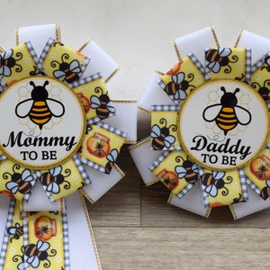 Bumble Bee Baby Shower, Gender Reveal Parent Pins, Bee Corsage Pin, Mommy To Be Ribbon, Daddy To Be Pin image 1