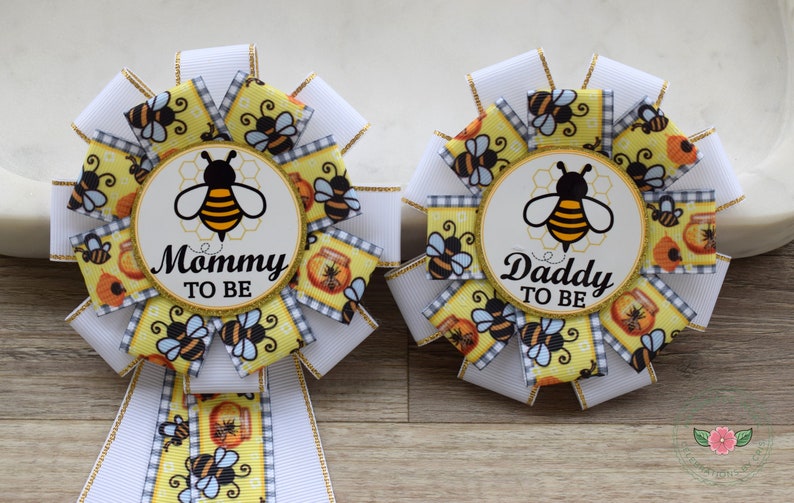 Bumble Bee Baby Shower, Gender Reveal Parent Pins, Bee Corsage Pin, Mommy To Be Ribbon, Daddy To Be Pin image 1