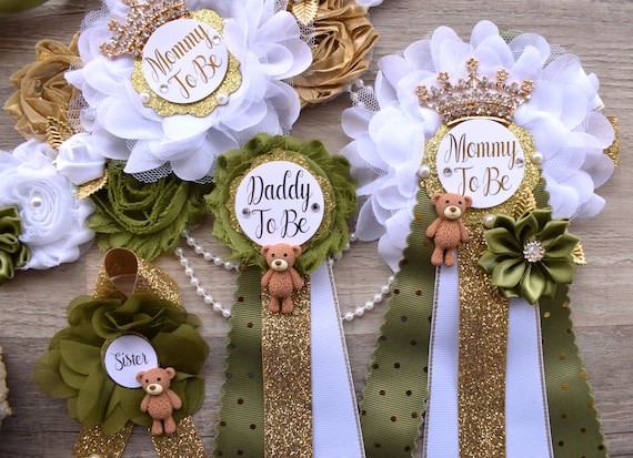 Olive Bear Baby Shower, Olive Maternity Sash, Teddy Bear Olive White Gold, Mommy To Be Pin, Daddy To Be Pin, Custom