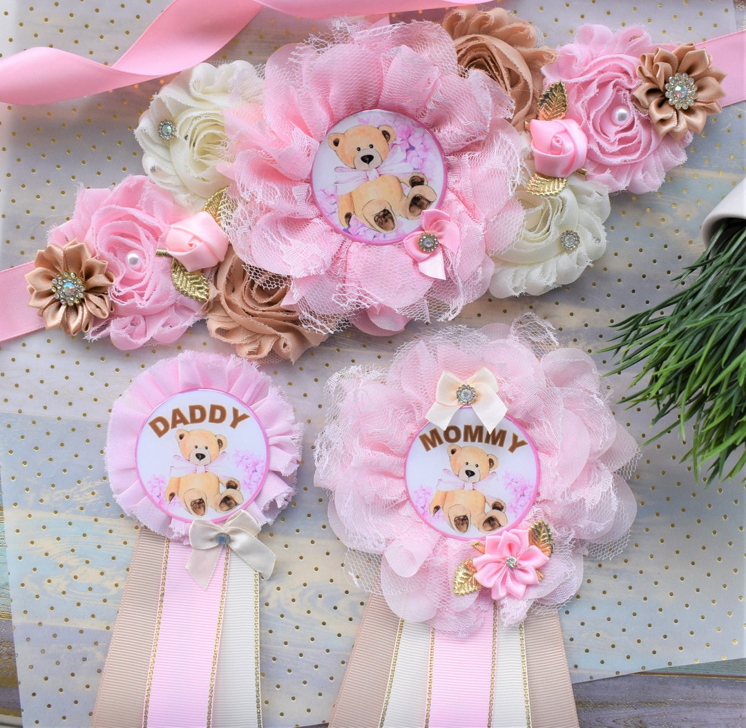 Girl Teddy Bear Baby Shower, Pink Bear Mommy Bear Maternity Sash, Papa Teddy Bear Mommy Daddy to