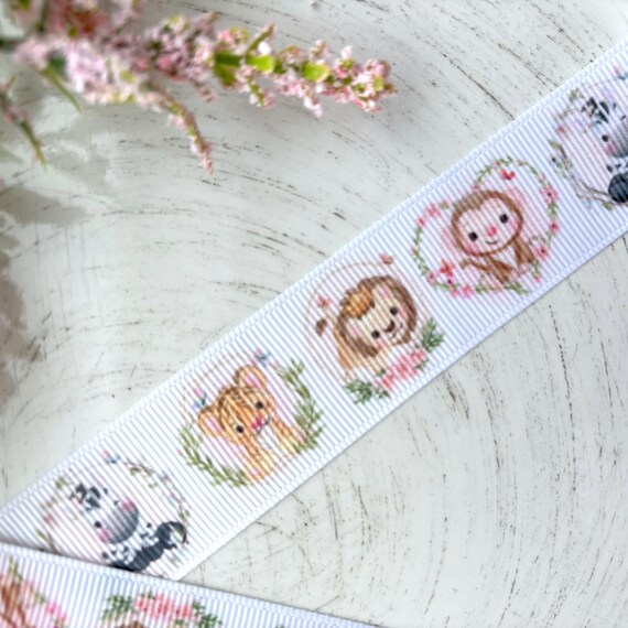Girl Safari Grosgrain Ribbon, Diaper Cake Ribbon, Pink Baby Safari Ribbon, Monkey Lion Zebra Tiger || 3 Yards of Ribbon - 1" (25mm)