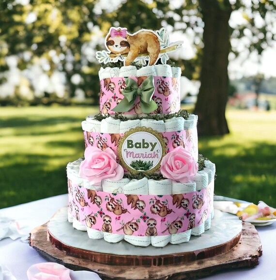 Girl Sloth Diaper Cake Baby Shower, Green Leave Cake Centerpieces Decor, Pink Sloth Room Nursery Decor, New Mom Gift II 3 Tier Diaper