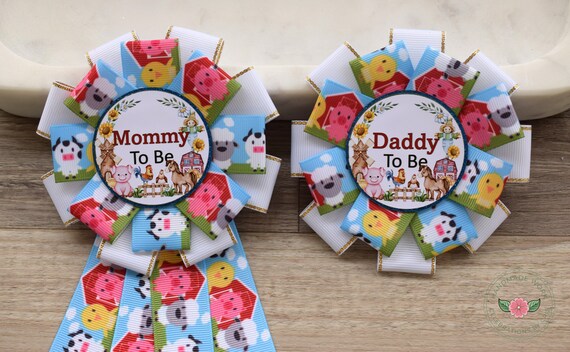 Farm Barn Animal Baby Shower, Cow Sheep Horse Mommy To Be Ribbon Pin, Daddy To Be Ribbon Pin