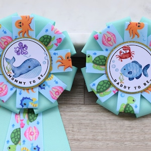 Under The Sea Baby Shower, Turtle Octopus Starfish Aqua Blue Mommy To Be Ribbon Pin, Under The Sea Daddy To Be Badge