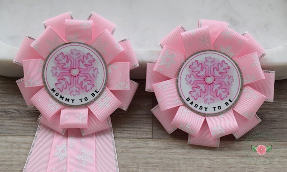 Pink Snowflake Baby Shower, Pink Silver Snowflake Mommy To Be Ribbon Pin, Snowflake Daddy To Be Pin