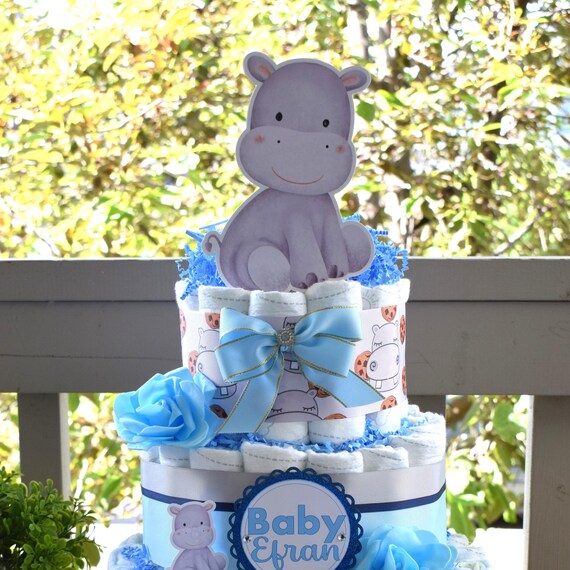 Rhino Baby Shower Diaper Cake, 3 Tier Diaper Cake Centerpieces Decor, Boy Rhino Baby Shower, Room Nursery Decor, New Mom Gifts - S00024