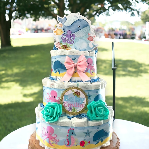 Girl Under Sea Diaper Cake Baby Shower, Octopus Turtle Baby Shower Centerpieces Decorations, Boy Room Nursery Decor, New Mom Gifts - S00015