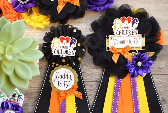 Halloween Baby Shower, Comedy/Horror Halloween Baby Shower, Mommy To Be Ribbon, Daddy To Be Pin, Baby Shower Gift
