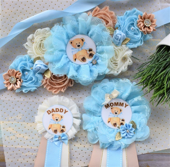 Blue Bear Baby Shower, Teddy Bear Blue Flower Sash, Teddy Bear Corsage Pin, Bear Mommy To Be, Bear Daddy To Be, Bear Baby Shower, Custom