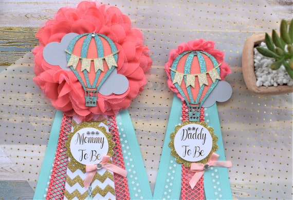 Hot Air Balloon Baby Shower, Coral Turquoise Gold Hot Air Balloon Corsage Pin Set, Air Balloon Shower Pin, Mommy to Be Daddy to Be, S0015