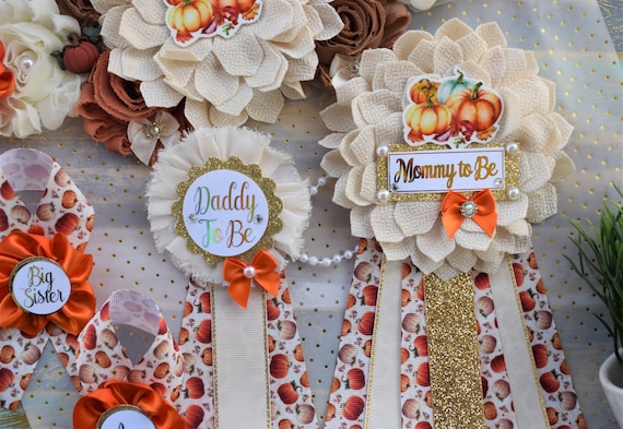 Neutral Pumpkin Baby Shower, Ivory Orange Beige Maternity Sash, Gold Cream Mommy To Be Pin, Beige Pumpkin Fall Daddy To Be Pin, Custom