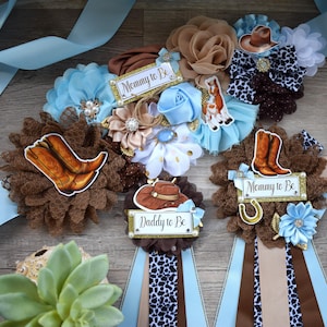Blue Cowboy Baby Shower, Blue Cowboy Maternity Sash, Boy Cowboy Mommy and Daddy To Be Pin, Blue Brown Flower Sash, Blue Boot Hat Corsage Pin