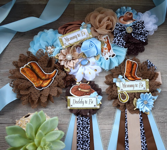 Blue Cowboy Baby Shower, Blue Cowboy Maternity Sash, Boy Cowboy Mommy and Daddy To Be Pin, Blue Brown Flower Sash, Blue Boot Hat Corsage Pin