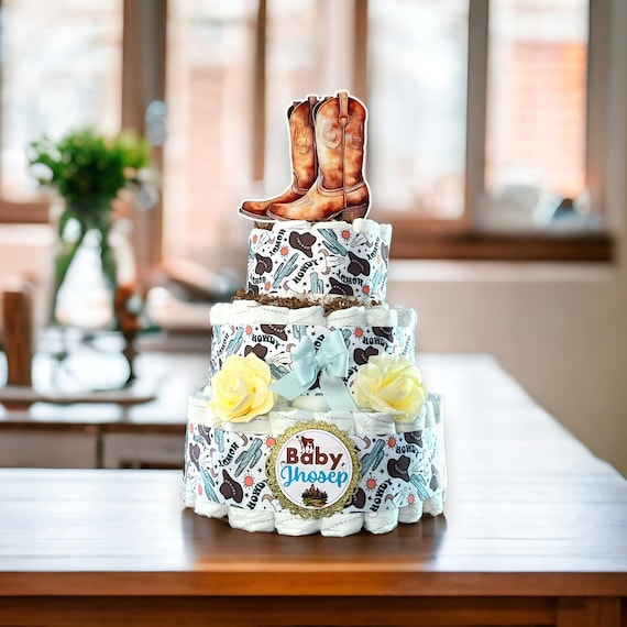 Blue Cowboy Western Diaper Cake Baby Shower, Boots Diaper Cake Centerpieces Decor, Western Diaper Cake, Room Nursery Decor, New Mom Gifts
