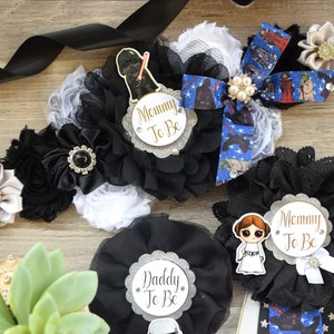 Superhero Baby Shower, Black White Baby Shower, Mommy To Be Corsage Pin Set, Superhero Comic Maternity Belt, Daddy and Mommy