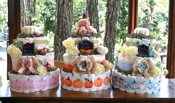 3 Tier Pumpkin Diaper Cake Baby Shower, Pumpkin Baby Shower Centerpieces Decorations, Neutral Shower Party Decor, New Mom Gifts - S0010
