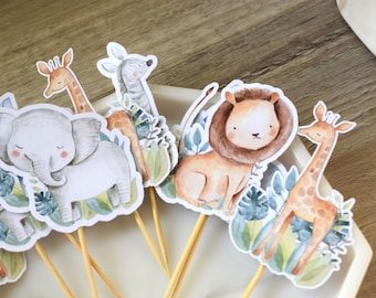 12 Boho Safari Cupcake Toppers, Baby Shower, Party, Cupcake, Giraffe Zebra Elephant Tiger Rhino, Baby Shower Decorations - S0002