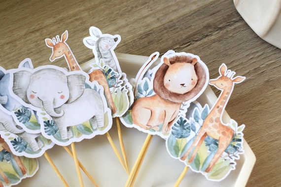 12 Boho Safari Cupcake Toppers, Baby Shower, Party, Cupcake, Giraffe Zebra Elephant Tiger Rhino, Baby Shower Decorations - S0002