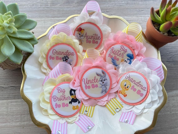 Girl Looney Baby Shower Set, Pink and Yellow Maternity Sash, Mommy To Be Pin, Daddy To Be Pin, Custom Order Welcome