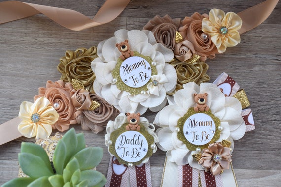 Teddy Bear Baby Shower, Teddy Bear Maternity Sash, Ivory Tan Beige Teddy Bear Corsage Pin, Bear Mommy To Be, Teddy Bear Daddy To Be, Custom