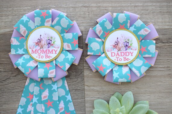 Coral Under The Sea Baby Shower, Lavender Aqua Starfish Parents Pin, Mermaid Shellfish Mommy To Be Ribbon Pin, Daddy To Be Badge Pin, Custom