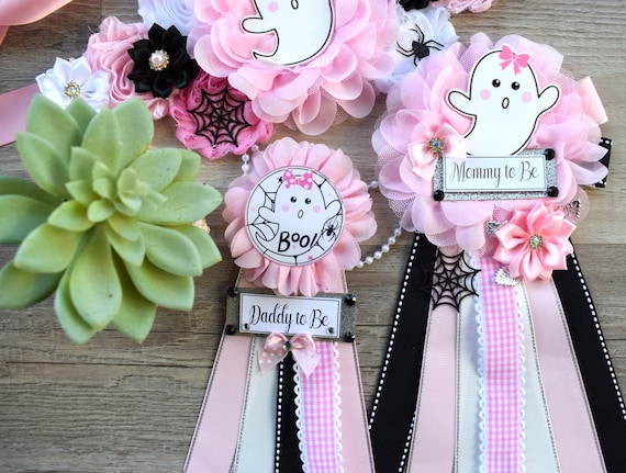Girl Pink Ghost Halloween Baby Shower, Pink Maternity Sash, Mommy To Be Ribbon, Daddy To Be Pin, Halloween Baby Shower Gift, Custom