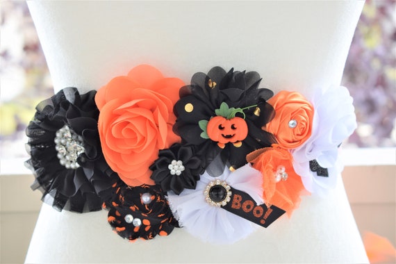 Peek a Boo Halloween Baby Shower, Boo Orange Black White Maternity Sash, Pumpkin Halloween Flower Sash, Peek a Boo Halloween Flower Sash