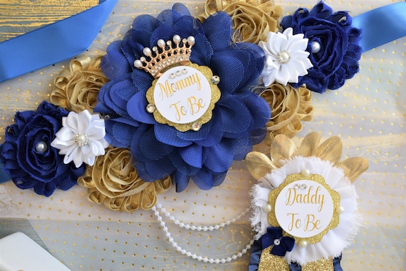 Royal Gold Prince Flower Sash, Royal Gold Maternity Sash, Royal Gold Pregnant Sash, Mommy and Daddy To Be, Royal Prince Baby Shower, Custom