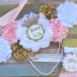 Pink Gold Princess Flower Sash, Pink Gold Maternity Sash, Pink Gold White Pregnant Sash, Mommy and Daddy To Be, Princess Baby Shower, Custom