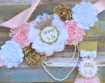Pink Gold Princess Flower Sash, Pink Gold Maternity Sash, Pink Gold White Pregnant Sash, Mommy and Daddy To Be, Princess Baby Shower, Custom