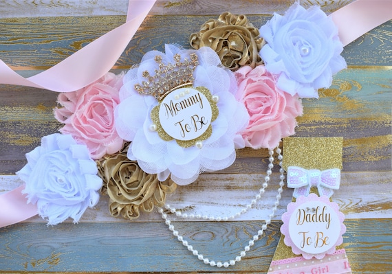 Pink Gold Princess Flower Sash, Pink Gold Maternity Sash, Pink Gold White Pregnant Sash, Mommy and Daddy To Be, Princess Baby Shower, Custom