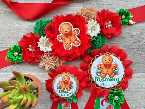 Gingerbread Baby Shower Pins, Christmas Maternity Sash, Mommy To Be Pin, Christmas Daddy To Be Pin, Baby Shower Gift, Custom Order Welcome