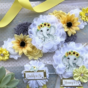 Elephant Sunflower Baby Shower, Yellow Grey Maternity Sash, Mommy To Be Ribbon, Daddy To Be Pin, Gender Reveal Sunflower Baby Shower, Custom